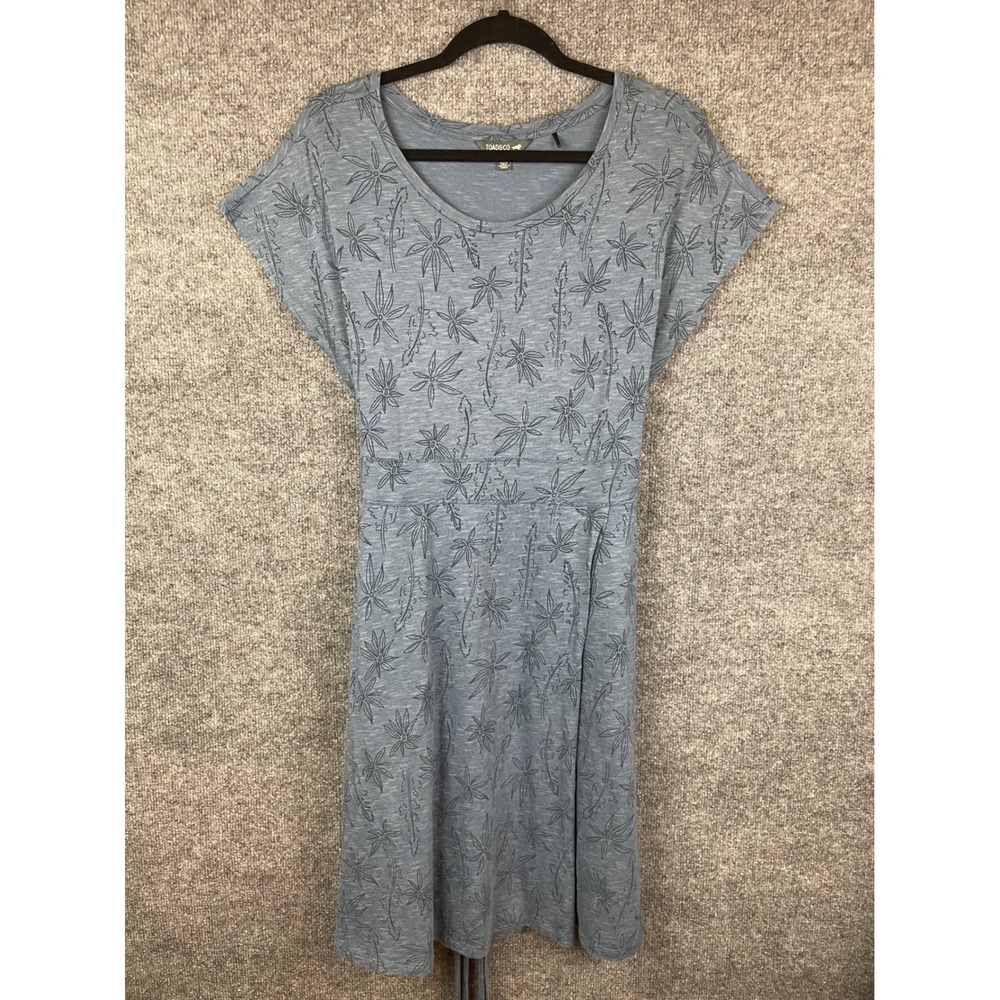 Toad&Co Dress Women Large Blue Excellent Leaf Print Short Sleeve Knit Tie Back